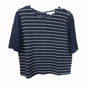 Loft Women's Sz Large Blue White Striped Boxy Pullover Top Floral Lace Sleeves